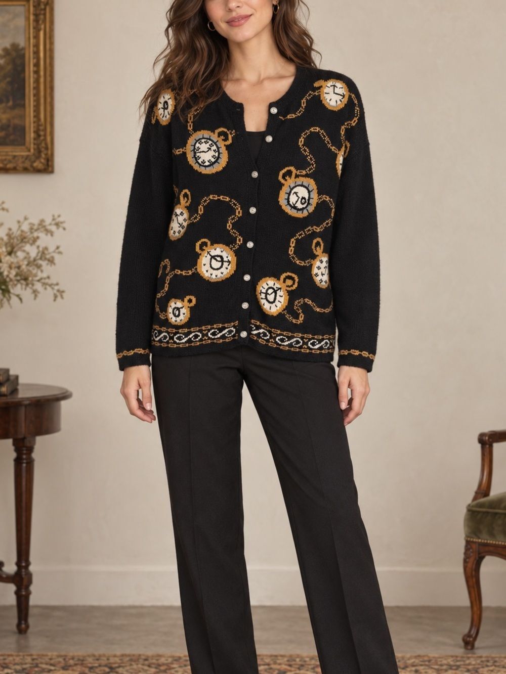 VintageβNorthern Isles XL Black Pocket Watch Hand Embroidered Cardigan